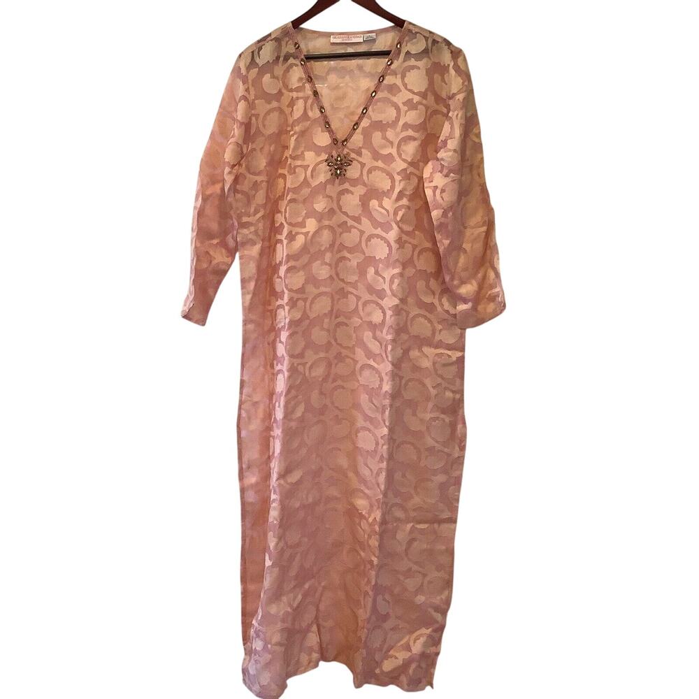 Graham Kandiah 100% Silk Coverup Caftan Tunic Size Large Pink Sheer Beaded